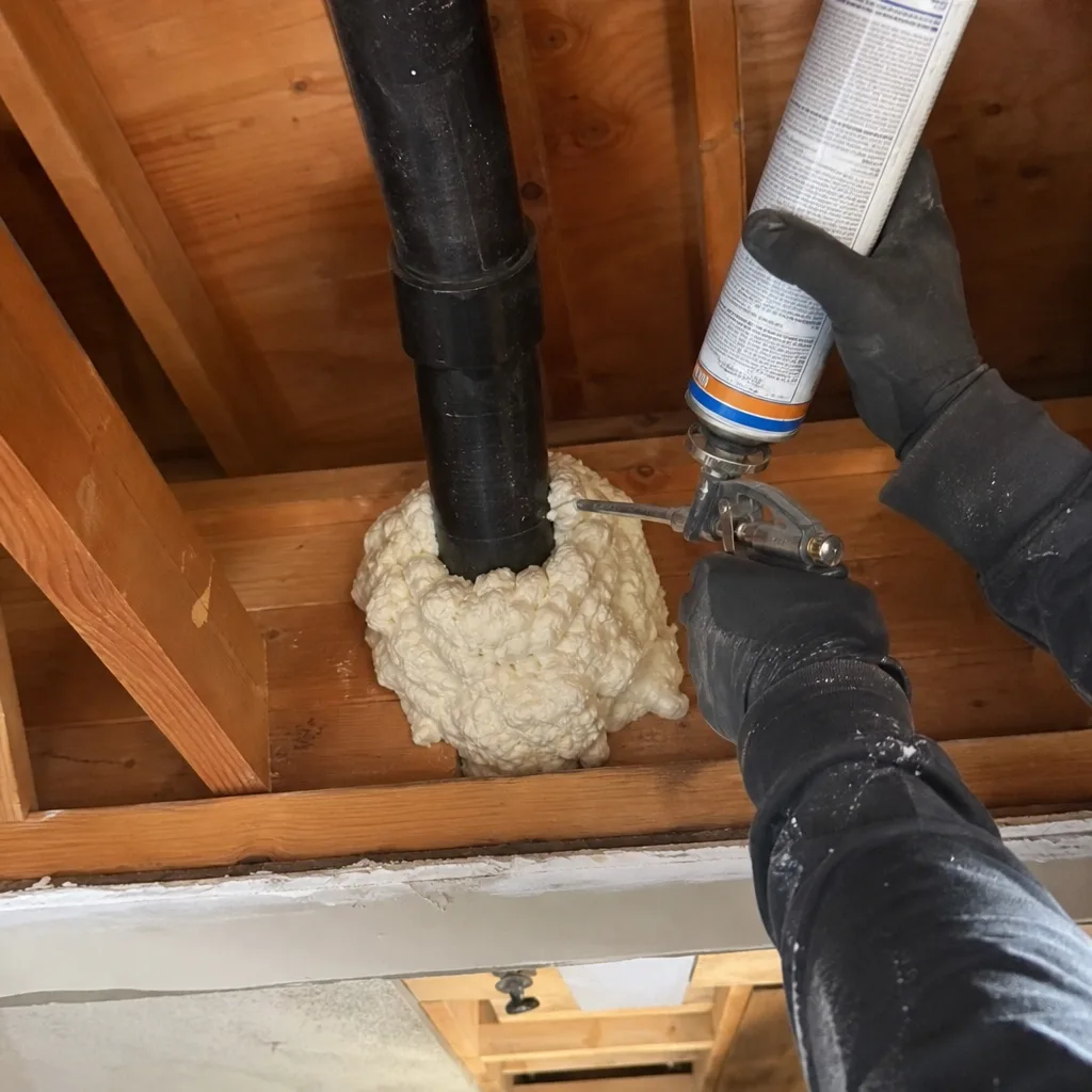 Contractor applying spray foam for attic air sealing around a pipe nationwide