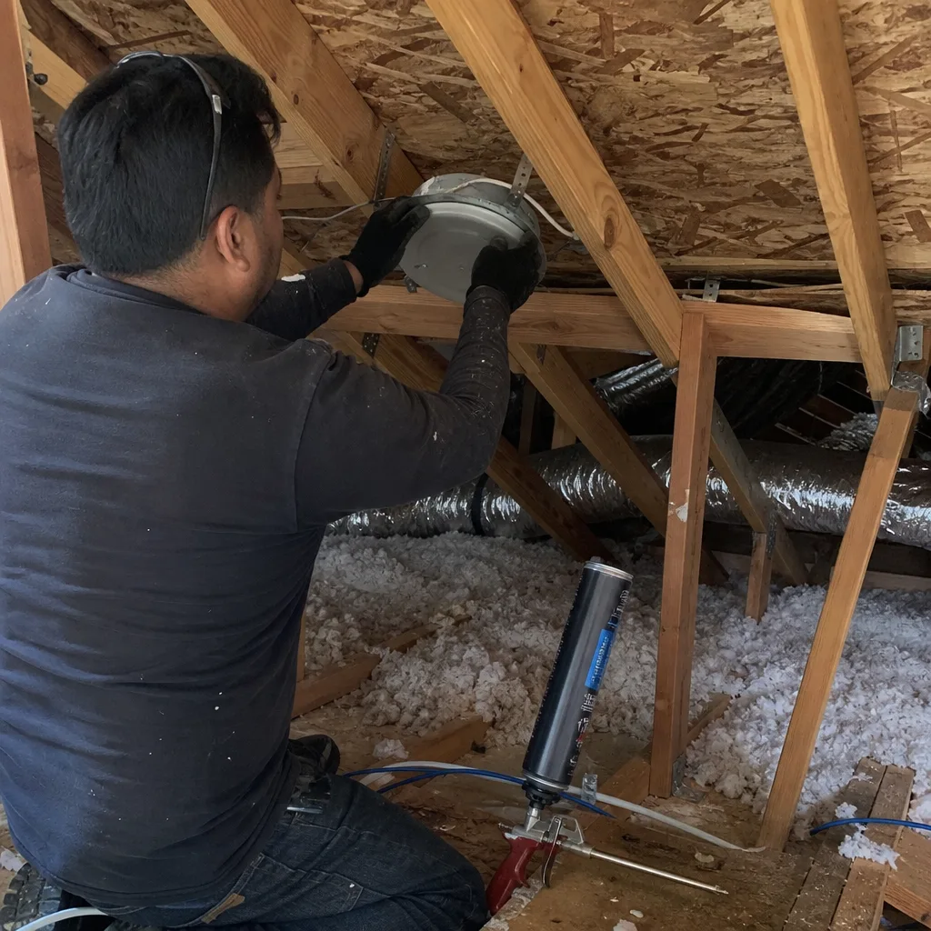 Contractor performing professional attic air sealing around recessed lighting fixture. nationwide