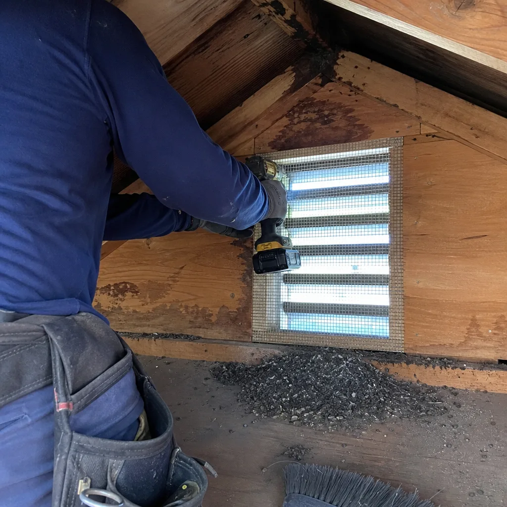 Technician installing rodent proofing screen on an attic vent nationwide