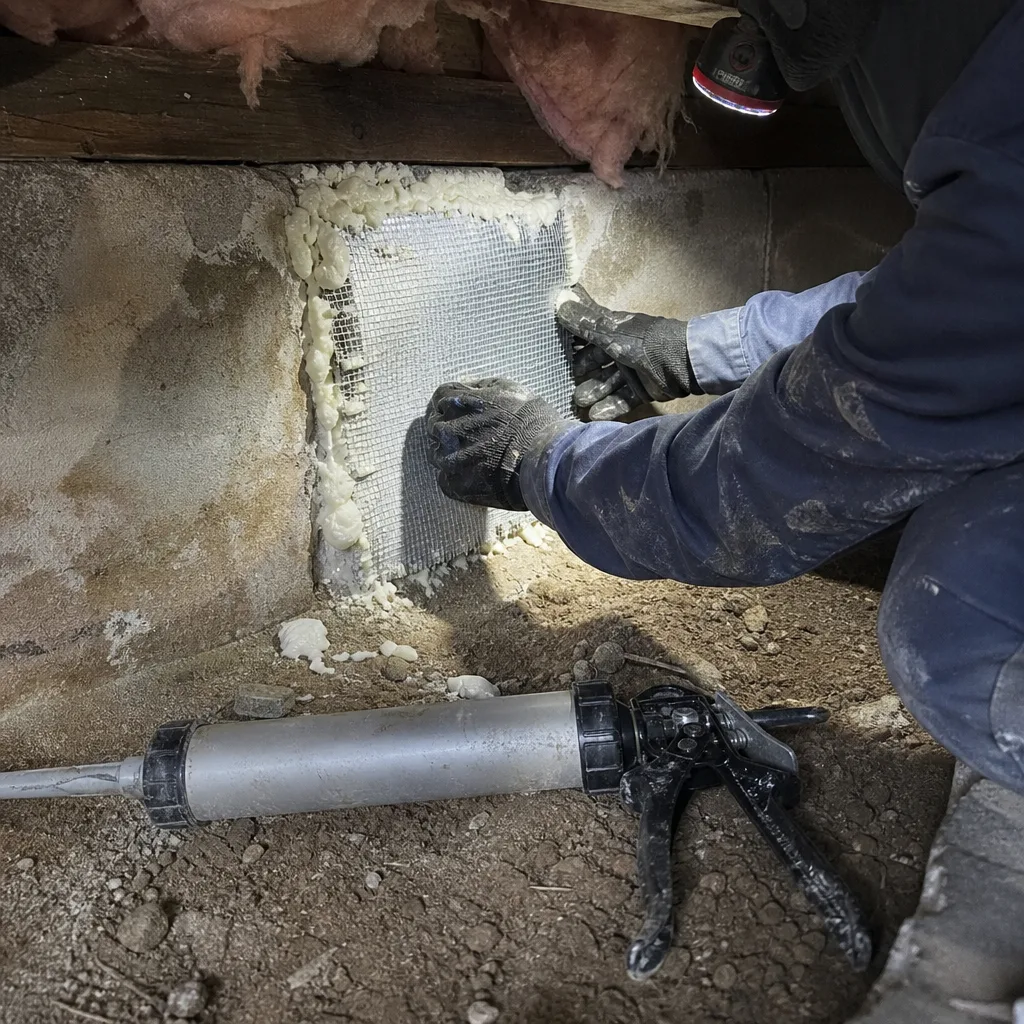 Contractor sealing foundation gap with wire mesh and spray foam nationwide