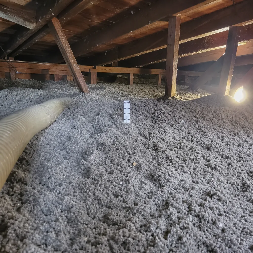 Blown-in cellulose insulation in an attic space