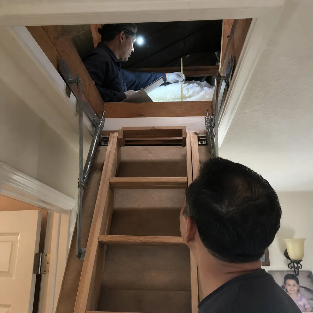 Technician measuring attic insulation depth during a professional home energy audit nationwide