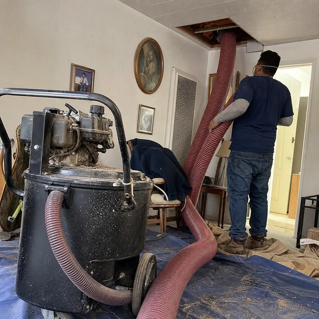 Technician using professional insulation removal vacuum equipment in a residential home nationwide