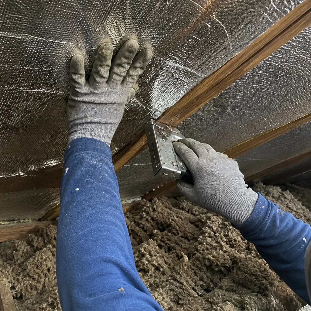 Worker installing reflective radiant barrier foil insulation in an attic nationwide