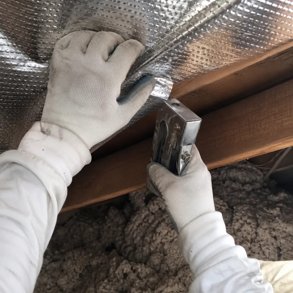 Worker installing reflective radiant barrier insulation with a staple gun nationwide