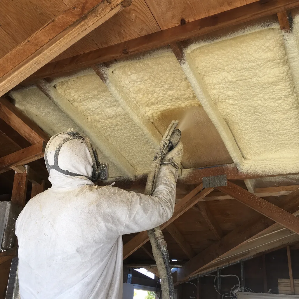 Contractor applying spray foam insulation to ceiling rafters