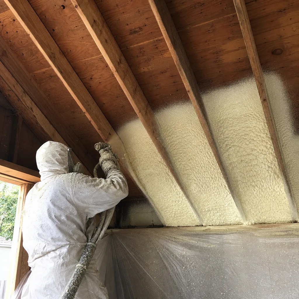 Contractor applying professional spray foam insulation to a residential attic ceiling