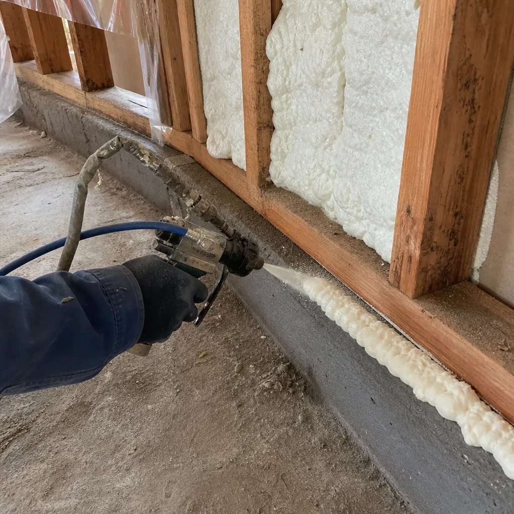 Professional applying spray foam insulation to wood wall base